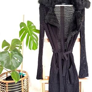 Black Knit Cardigan with Faux Fur Collar